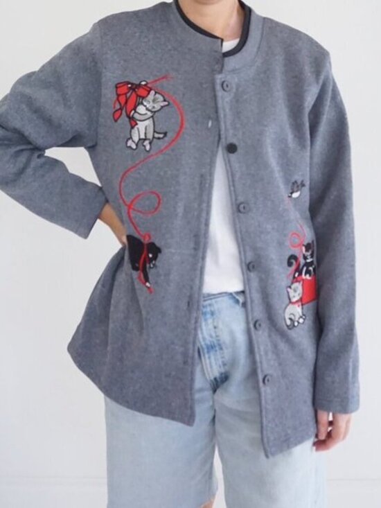 Sweaters - Vintage Blair Gray Cardigan Cats Yarn Holiday Cabincore Grandmacore Festive M